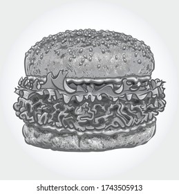 Crispy fried chicken burger grayscale vector illustration isolated on white background.