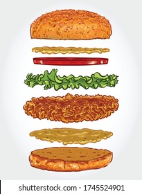 Crispy Fried Chicken Burger Layers Bouncing On Isolated White Background, Vector Illustration.