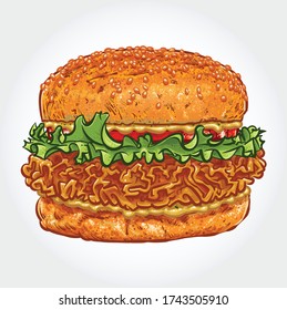 Crispy fried chicken burger vector illustration isolated on white background.