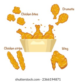 Crispy fried chicken cartoon set chicken bites, drumette, chicken strips, wings in a paper cup. Side view. Crunchy fast food delicious food menu inverter illustration.