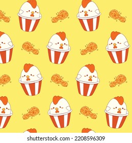 Crispy fried chicken and cute hen seamless pattern.  wrapping paper fast food pattern 