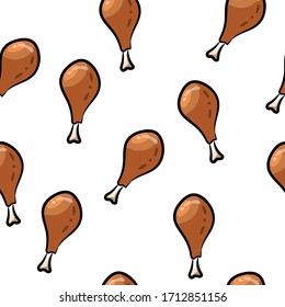 Crispy Fried Chicken Drumstick Pattern Seamless Background,Cartoon Fast Food Drumsticks Cooking Vector Illustration