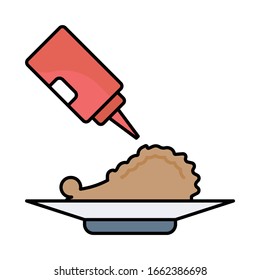 Frittierter Huhn Drumstick Pouring Ketchup mit Plate Concept, Fastfood-Symbol auf weißem Hintergrund, Putenschenkel Vektorillustration Symbol Design