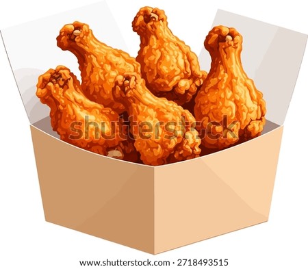 Crispy Fried Chicken Drumsticks (Legs) in a Cardboard Fast Food Takeout Box Vector Illustration Isolated on White Background.