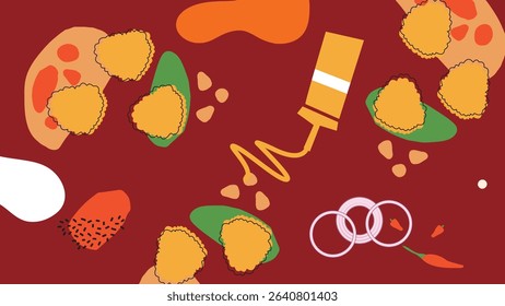 Crispy fried chicken, French fries, and sauces over an orange background. Great for snack menus, fast food branding, and casual food illustrations.