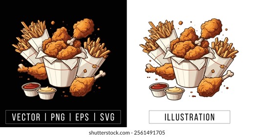 Crispy Fried Chicken and Fries Bucket - Vector Food Illustration