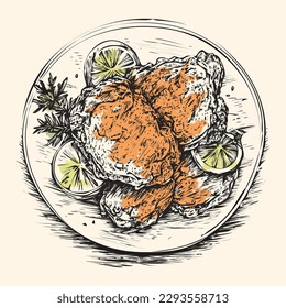crispy fried chicken hand drawn sketch line art