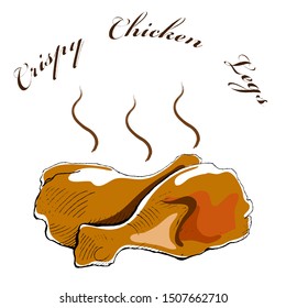 Crispy fried chicken leg vector illustration on white background, freehand drawn outline.
