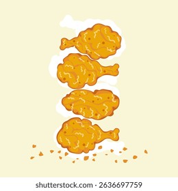 Crispy fried chicken legs, breaded and fried in delicious cartoon style. Delicious fast food vector illustration. Suitable for menu, packaging, poster and food content. Isolated on light background.
