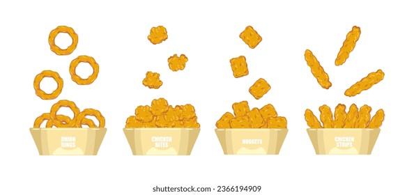 Crispy fried chicken, fried onions, chicken bites, nuggets, chicken strips. Set of 4 cartoon paper cups. Side view. Crunchy fast food delicious food menu inverter illustration.