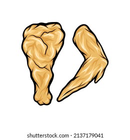 Crispy fried chicken pieces, wing and thigh isolated on white, vector illustration, hand drawn.