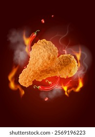 Crispy fried chicken, spicy chicken legs, fire and red pepper. crunchy fast food delicious food poster, chicken meat background for advertising. menu vector