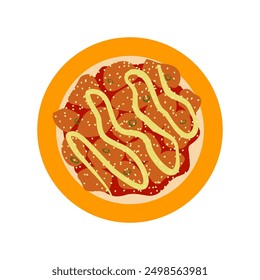 Crispy fried chicken vector illustration. Spicy Korean chicken bites with sauce served on round plate. Delicious asian street food dish drawing isolated on white background for menu, poster, card
