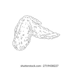 Ilustración de arte crujiente de alas de pollo fritas. Boceto de ala de pollo dibujado a mano. Esquema de alimentos mínimos en blanco y negro para menú, empaquetado, marca