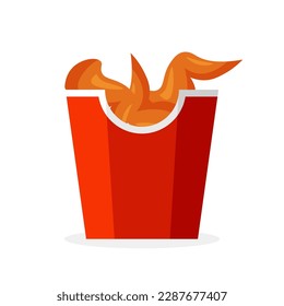 Crispy fried chicken wings in a red bucket. Meat in batter in a paper packaging. Design element for fast food poster, restaurant, menu, brochure, flyer. Vector illustration in trendy flat style.