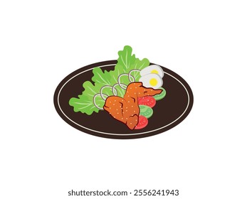 Crispy Fried Chicken Wings Vector Illustration with Fresh Salad, Boiled Egg, and Veggies. Buffalo Wing with Tomato, Cucumber, Onion, and Lettuce. Savory Sesame-Crusted Chicken for a Delicious Meal.