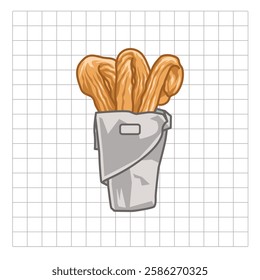 Crispy Fried Churros: A hand-drawn illustration featuring a delicious, freshly-fried churros in a paper bag, perfect for a sweet treat or a snack,  with a  gridded background