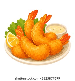 Crispy fried shrimp platter with dipping sauce and lemon for a savory seafood appetizer