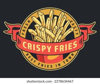 Crispy fries colorful vintage emblem with fried potatoes cut into strips and covered with golden crispy crust vector illustration
