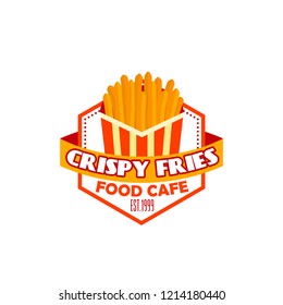 Crispy fries icon for fast food restaurant and cinema fastfood snacks bistro menu. Vector isolated fried potato chips fries in box for finger food or street food delivery and takeaway