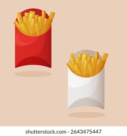 Crispy golden French fries in red and white paper packages. A bright and tasty vector illustration perfect for fast food menus, apps, delivery ads, or snack-themed designs.