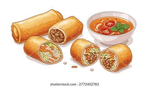 Crispy golden fried spring rolls stuffed with savory meat and fresh vegetable filling are served with a spicy chili dipping sauce and mint garnish.