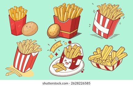 Crispy golden fries in a red carton with stripes. French Fries Potato In Red Box Icon cartoon illustration. French fries clipart.