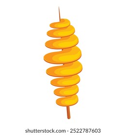 Crispy and golden tornado potato skewer rotating, perfect for food blogs, menus, and culinary projects