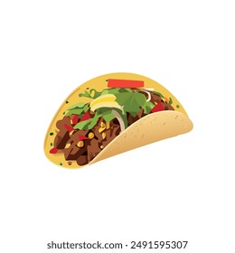 Crispy ground beef taco with shredded lettuce, sour cream, grated Colby Jack cheese, and diced onions and tomatoes. Isolated vector illustration.