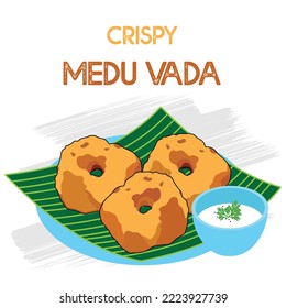 Caluroso Medu vada o ulundu vadai con chutney de coco sobre la hoja de plátano en fondo blanco