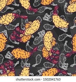 Crispy hot shrimp in tempura. Deep fried breaded seafood. Traditional Asian Japanese bento dish. Isolated clipart set. Vintage retro style. Chalk board. Seamless background with pattern.