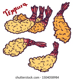 Crispy hot shrimp in tempura. Deep fried breaded seafood. Traditional Asian Japanese bento dish. Isolated clipart set. Vintage retro style.