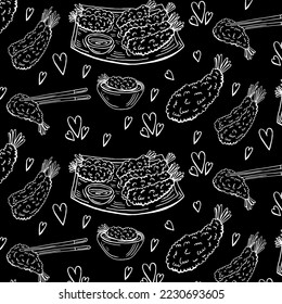 Crispy hot shrimp in tempura. Deep fried breaded seafood. Traditional Asian Japanese bento dish. Isolated clipart set. Vintage retro style. Chalk board. Seamless background with pattern.