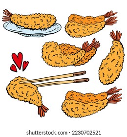 Crispy hot shrimp in tempura. Deep fried breaded seafood. Traditional Asian Japanese bento dish. Isolated clipart set. Vintage retro style.