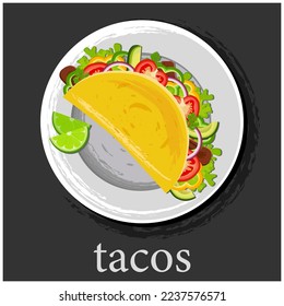 Crispy meat taco with chopped lettuce leaves, tomatoes, avocado, pepper, onion, sour cream. Traditional Mexican fast food. Mexican taco dish with tortilla. #latinamericanfood