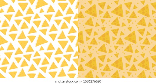 Crispy mexican food nachos seamless patterns set. Vector endless background