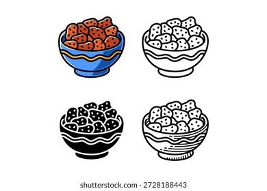 Nuggets crocantes, mordidas de lanche frito, Crunchy peças ícone design conjunto com colorido, contorno, estilo sólido e gravado para lanche, cafés, comida, culinária. Ilustração vetorial
