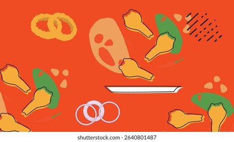 Crispy nuggets, fries, bread, and sauces on a purple backdrop with playful abstract elements. Ideal for kids menus and food packaging visuals.