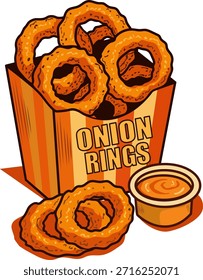 Anillos de cebolla crujiente en caja de Ilustración vectorial