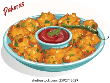 Crispy Pakoras served with Ketchup in a Bowl. Potato, Spinach, Onions and Gram Flour or Besan Batter Deep Fried Fritters. Asian Popular Street Snacks Illustration.