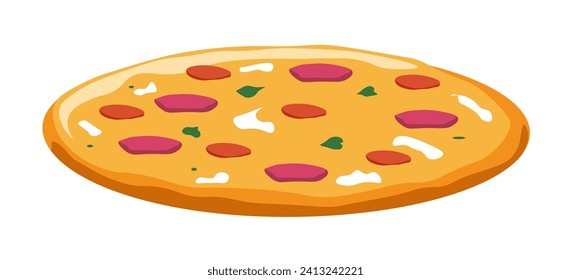 Crispy pizza with fresh Italian herbs. Taste of salami, gouda cheese with mozzarella, selected tomatoes for gourmets, lovers of exotic dishes. Cafe or restaurant menu dish. Vector in flat styles