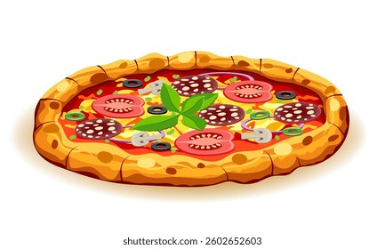 crispy pizza freshly baked with sausage, tomatoes, olives, mushrooms and cheese vector illustration isolated on white background