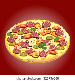 Crispy pizza with sausage and vegetables on a burgundy background.