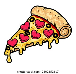 crispy pizza slice cut freshly baked with sausage, tomatoes, olives, mushrooms and cheese vector illustration isolated on white background