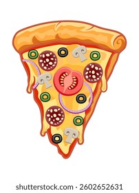 crispy pizza slice cut freshly baked with sausage, tomatoes, olives, mushrooms and cheese vector illustration isolated on white background