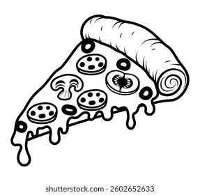 crispy pizza slice cut freshly baked with sausage, tomatoes, olives, mushrooms and cheese vector illustration isolated on white background