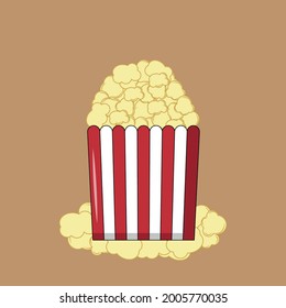 Crispy popcorn in a red-white box on brown background . Delicious snacks when watching a movie. vector illustration