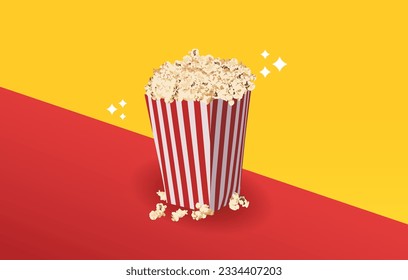 crispy popcorn snack vector with bucket and corn grains. Sweet or salty cinema food advertisement. delicious popcorn vector. Pop corn for cinema, delicious snack illustration