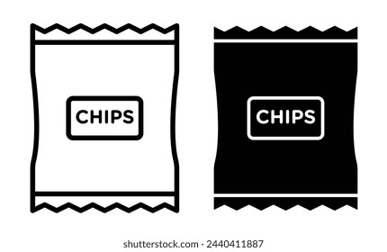 Iconos crujientes de la bolsa de patatas fritas. Snack Pack y Chips Símbolos gráficos
