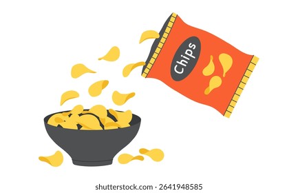 Crispy potato chips falling out of a bag. Vector illustration.